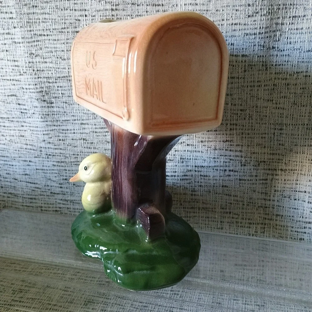 Vintage US Mail Mailbox Ceramic Planter with Duckling Figurine Mid Century Decor